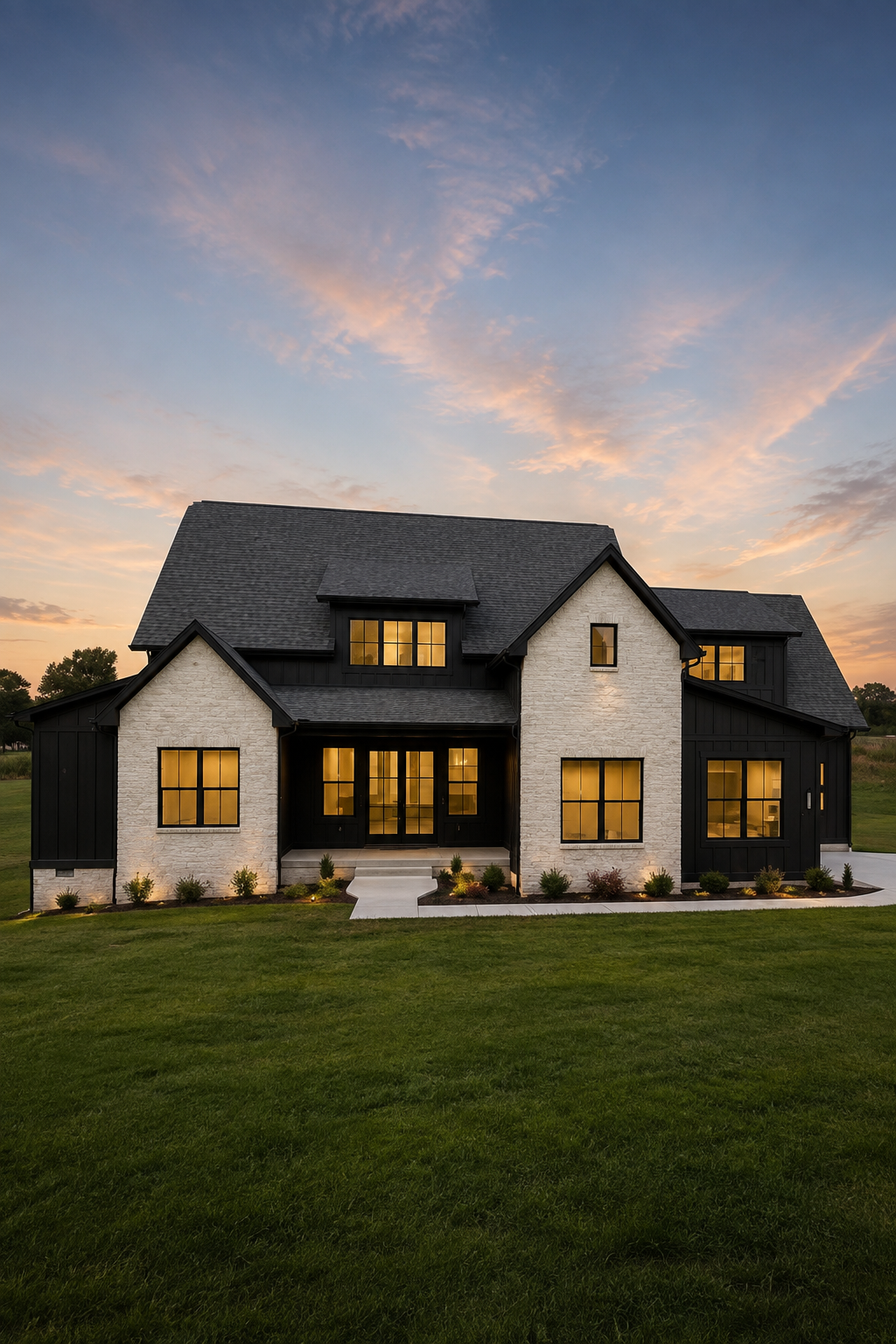 Front exterior visualization of a custom home at twilight