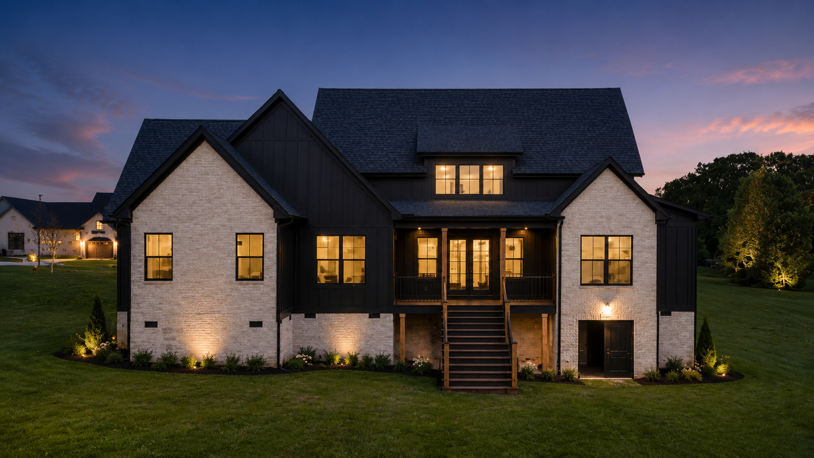 Rear exterior visualization of a custom home at twilight