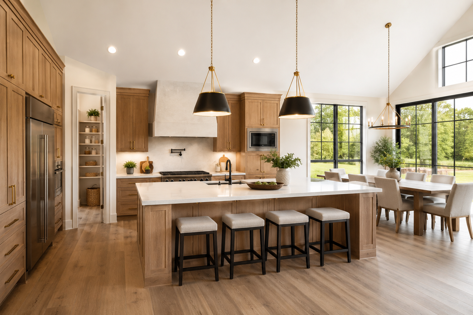 Warm modern kitchen with wood cabinetry, a large island, and abundant natural light