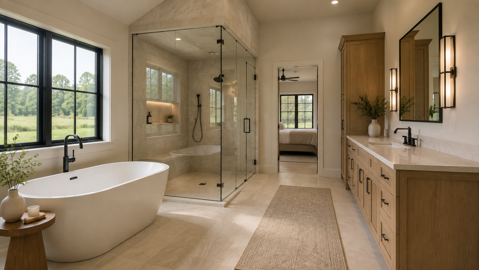 Visualization of a modern primary bathroom with a tiled shower and freestanding tub