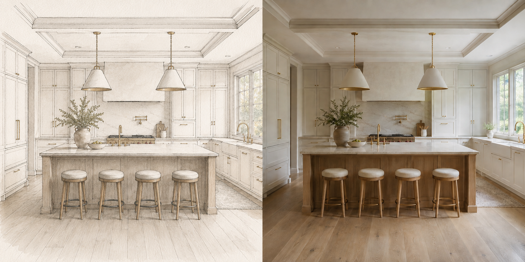 The same custom kitchen shown first as an architectural design drawing and then as the finished room