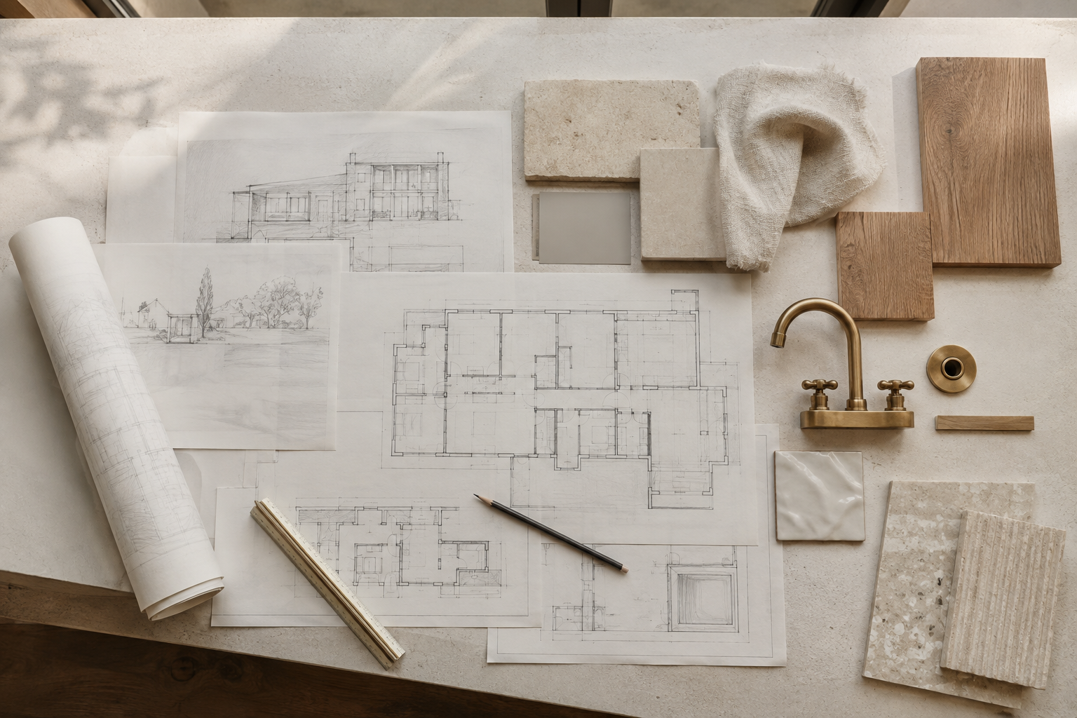 Architectural plans and curated home finish samples